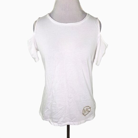 MICHAEL Michael Kors White Cold Shoulder Short Sleeve Gold Jeweled Logo Medium - Picture 1 of 10